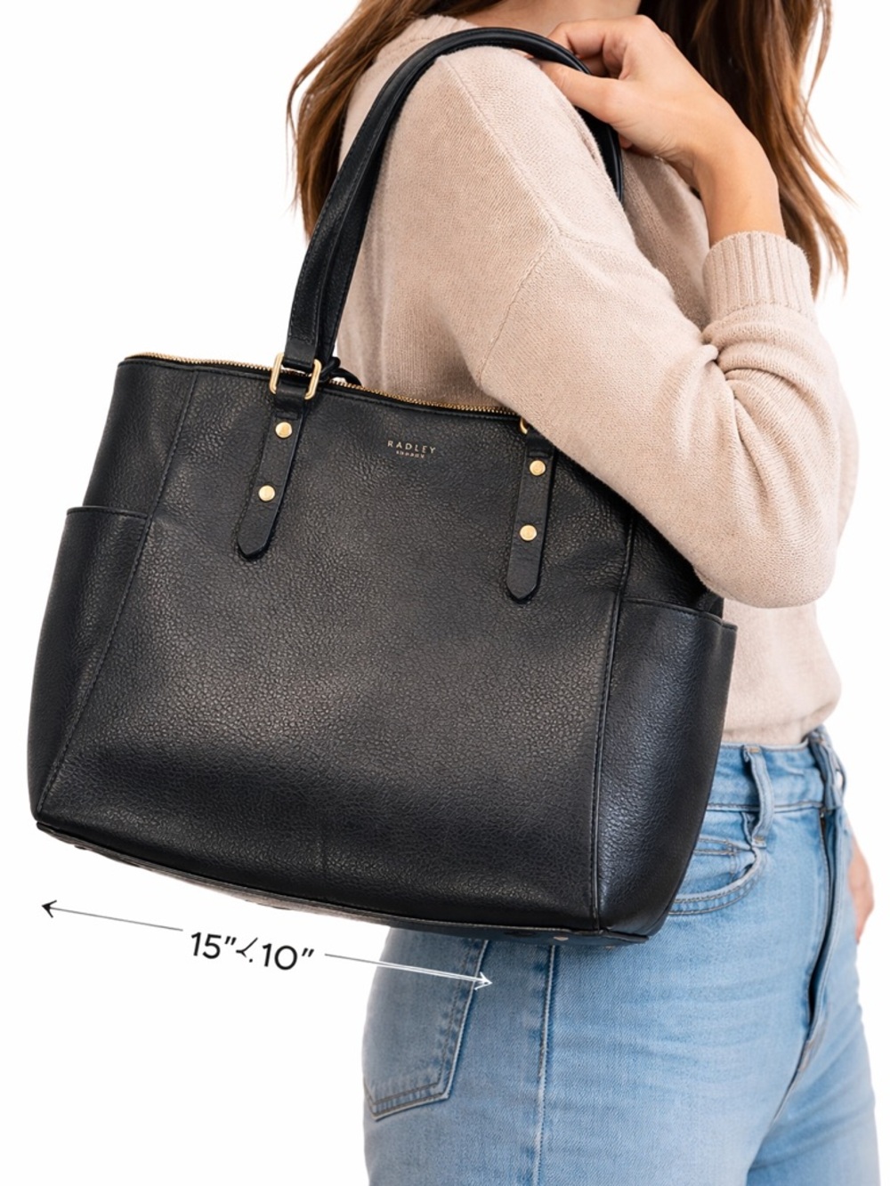 RADLEY LONDON Black Pebbled Leather Tote with Gold Hardware
